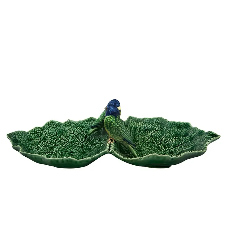 BORDALLO PINHEIRO  - DOBLE HOJA CINERARIA CON PÁJARO, 65002944,VISTA ALEGRE